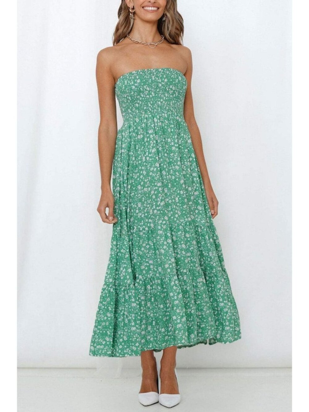 Women's Green Summer Boho Strapless Maxi Off Shoulder Smocked Flowy Dress - Picture 2 of 6